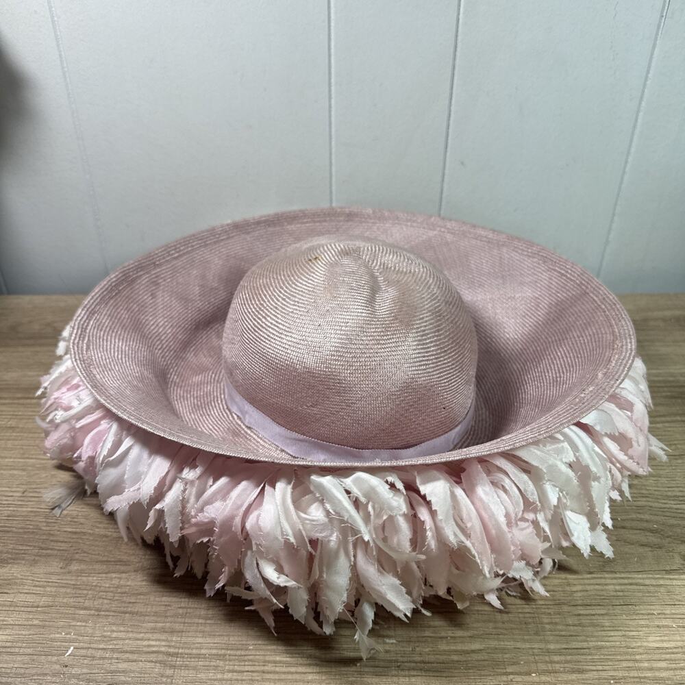 Vintage Jack McConnell New York Floral Straw Sun Hat Kentucky Derby Pink/ White